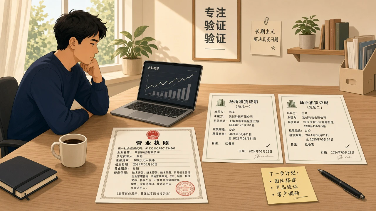 创业者对照营业执照与两处经营场所证明材料做决策