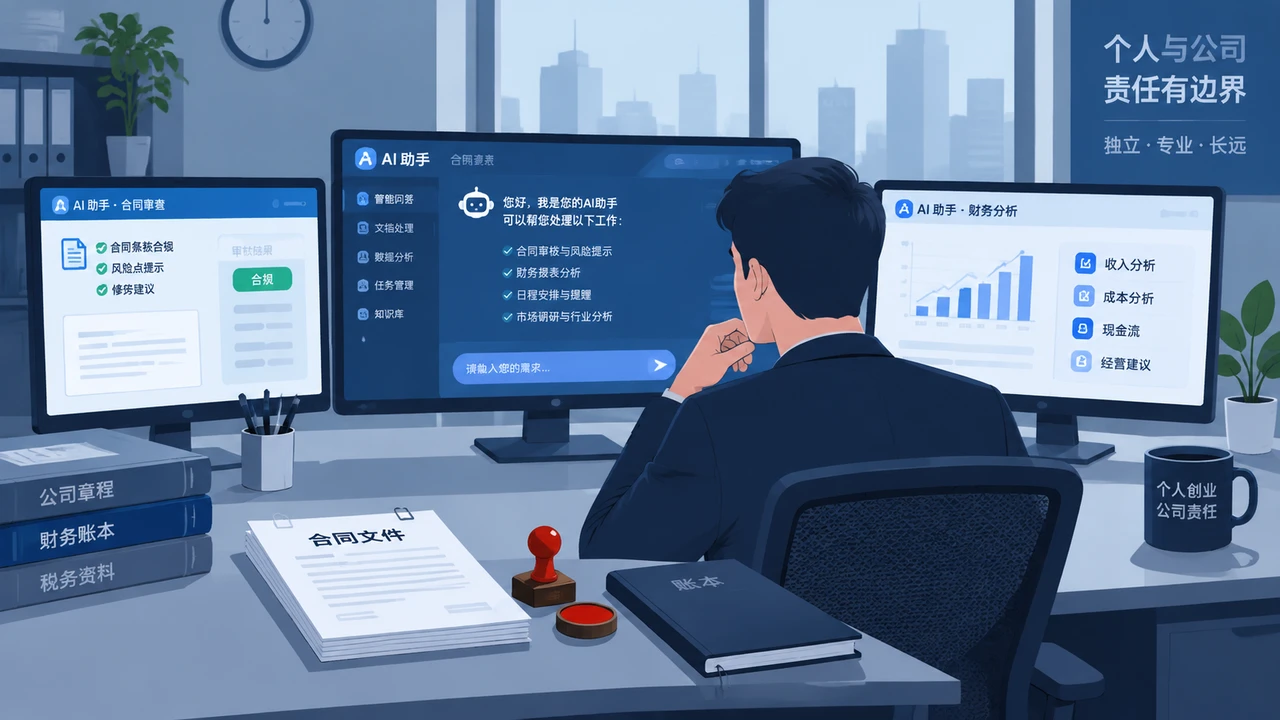独立创业者在AI工具环境中处理公司治理与合规事务的示意插画