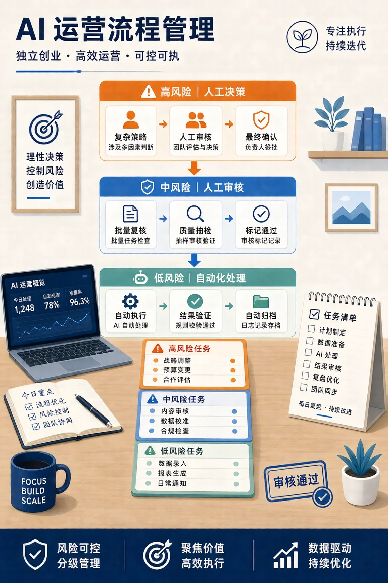一人公司用AI做日常运营时,哪些任务可以自动化:按风险分三级建立审核流程 1 一人公司按风险等级管理AI运营任务