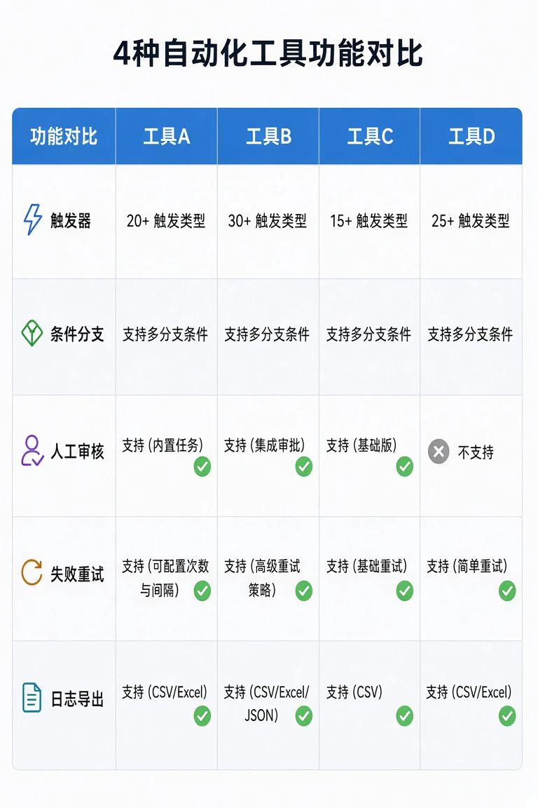 一人公司自动化连接工具怎么选:触发器、人工审核与失败重试对比 3 自动化工具功能对照表
