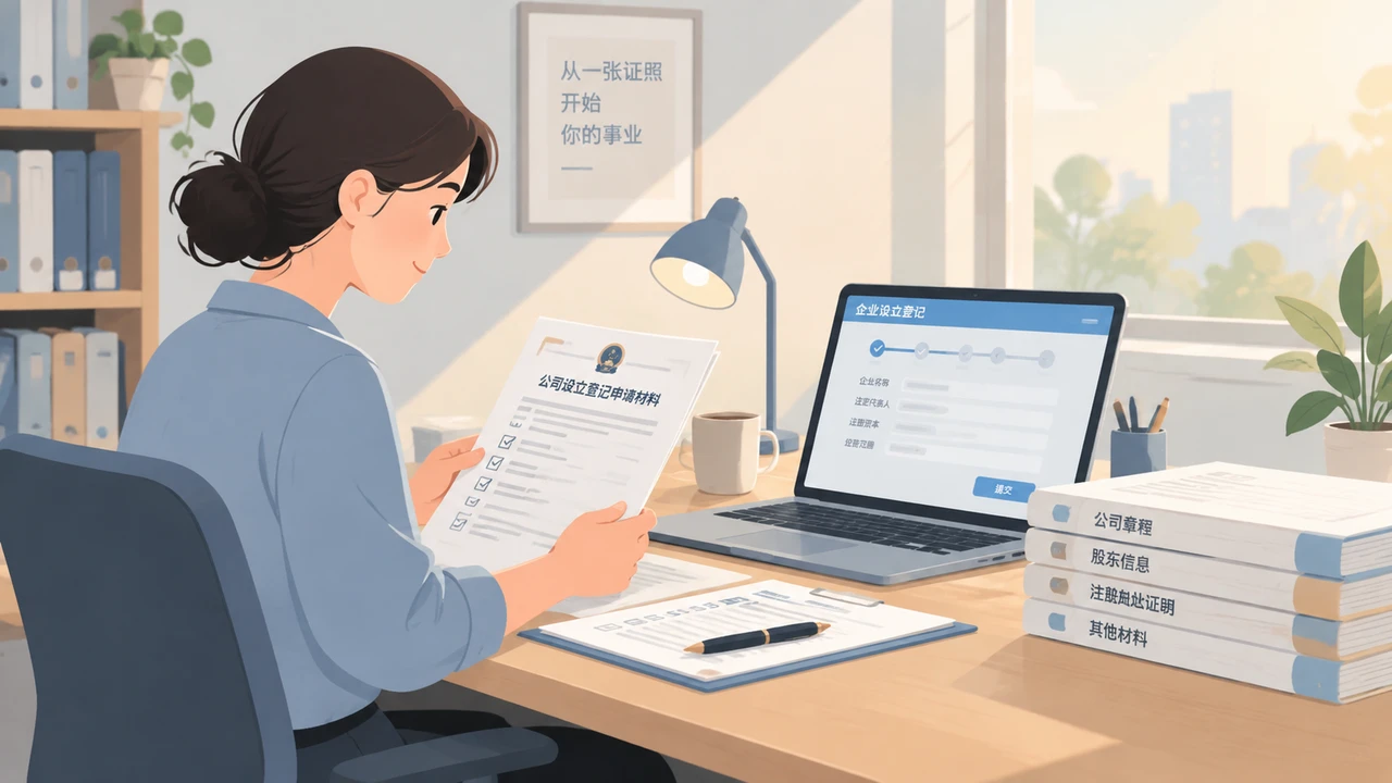 独立创业者在书桌前查看公司注册文件