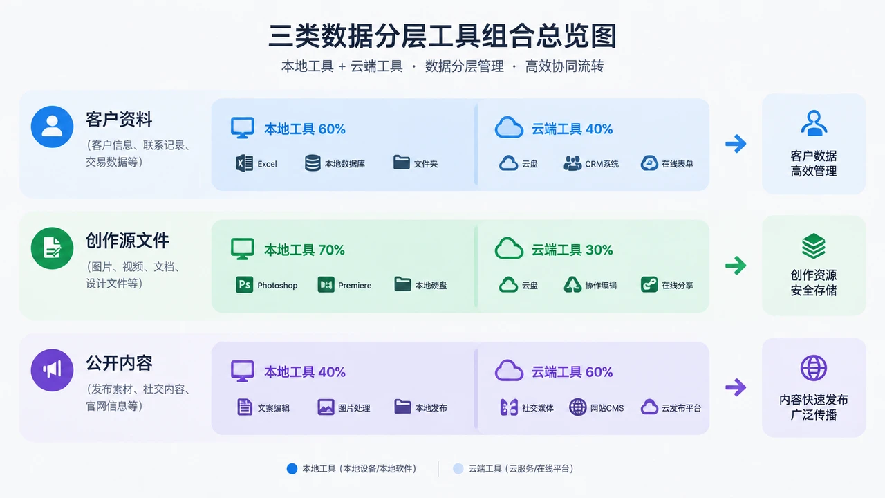 一人公司本地工具与云端工具怎么选:离线工作、协作效率与迁移成本对比 3 三类数据分层存储与工具组合总览框架图