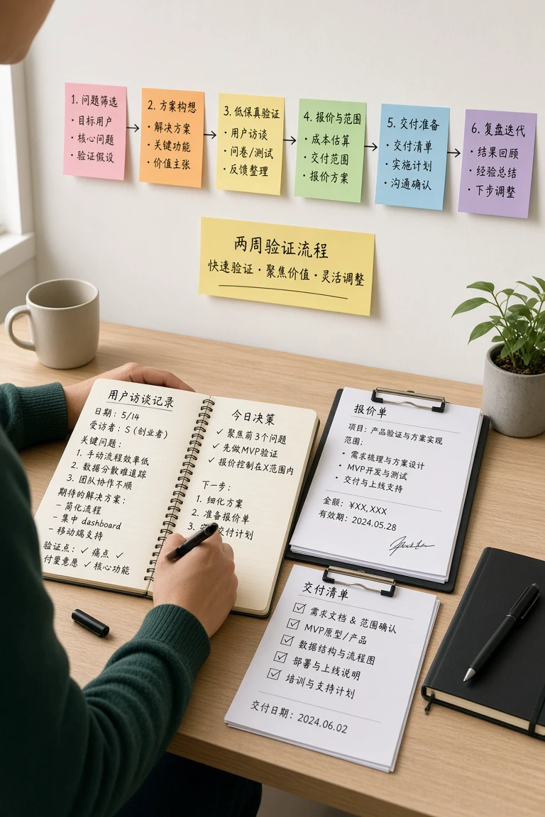 一人公司如何设计低风险首个产品:用两周验证需求、交付与付费意愿 1 独立创业者整理一人公司产品验证流程