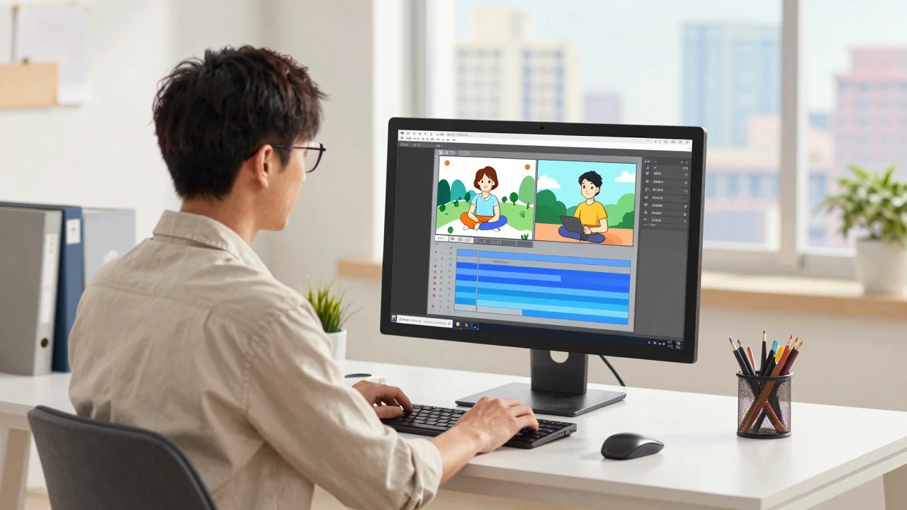 一人公司创业者在工作室用AI制作动画短视频