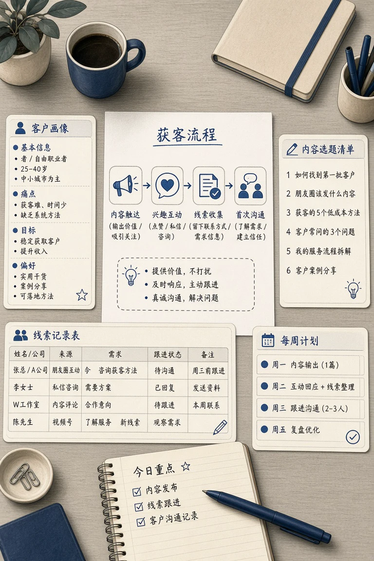 一人公司经营者整理从内容触达到首次沟通的获客流程