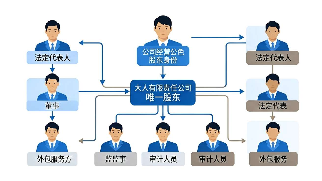 一人公司真的只能有一个人吗?股东、法定代表人与员工关系讲清 1 一人有限责任公司中股东、管理人员、员工与外包方的关系示意