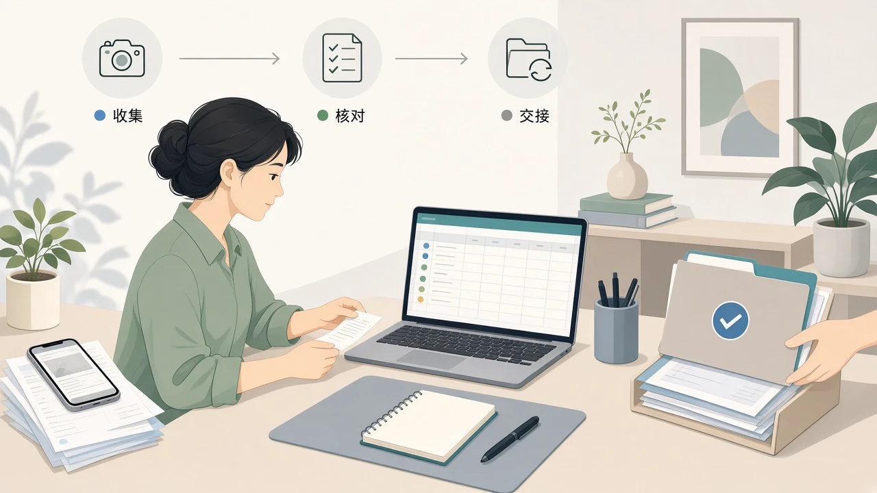 一人公司从收集票据、核对支出到交接材料的工作流程示意