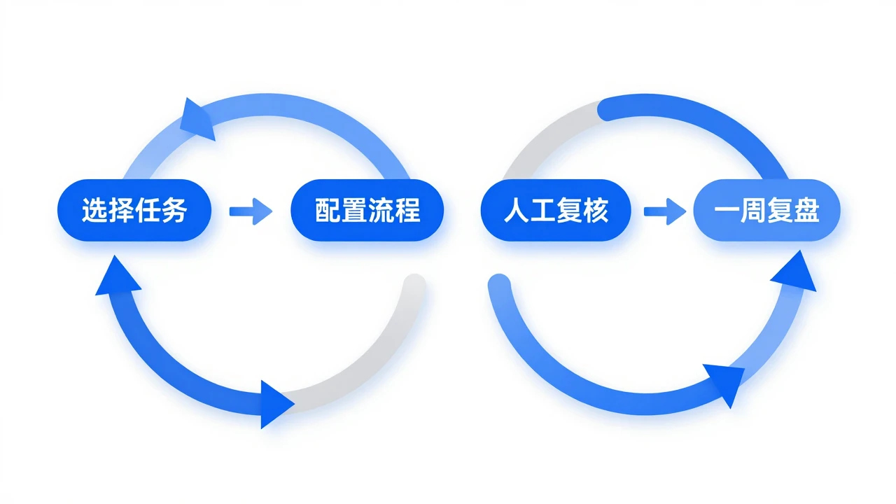 一人公司 AI 工作流试运行指南:先用一个重复任务验证工具是否值得长期订阅 2 AI 工作流试运行的四个阶段流程图