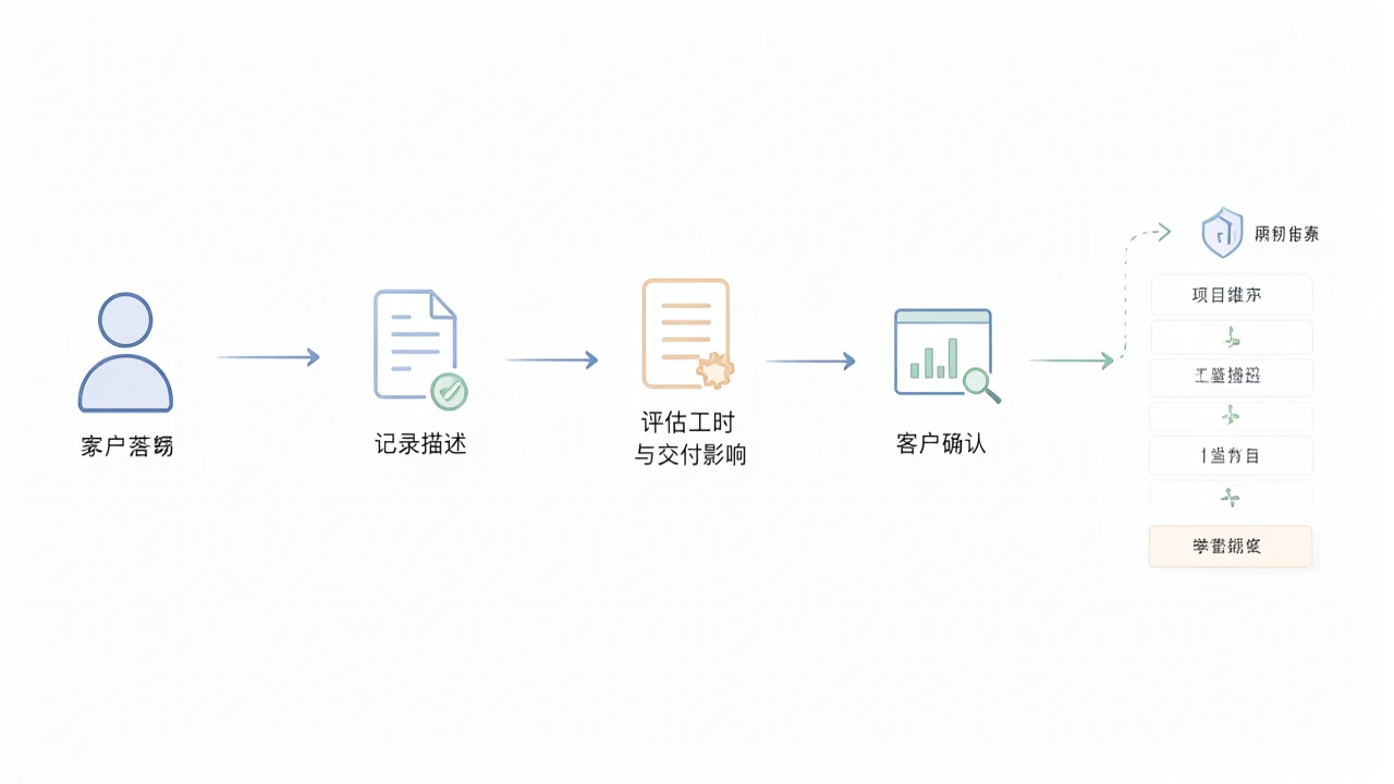 客户需求变更从提出、评估、确认到更新项目记录的流程示意