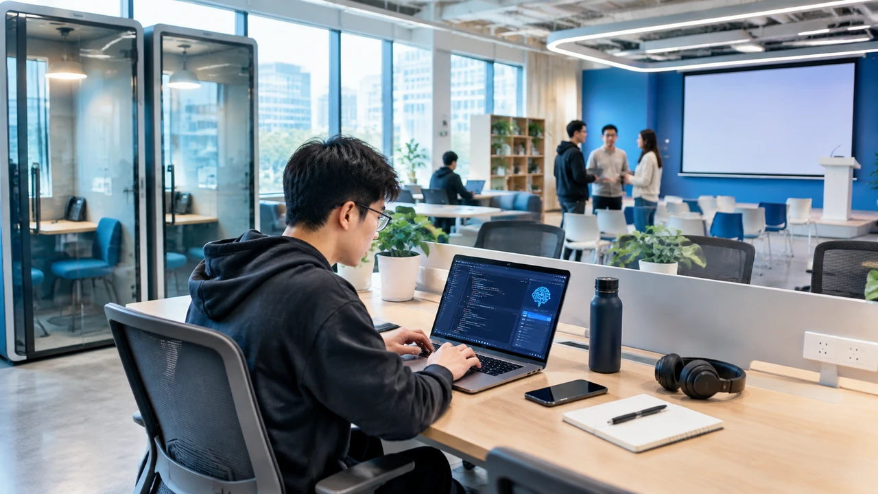 中关村AI创业社区内一人公司创始人在共享工位工作