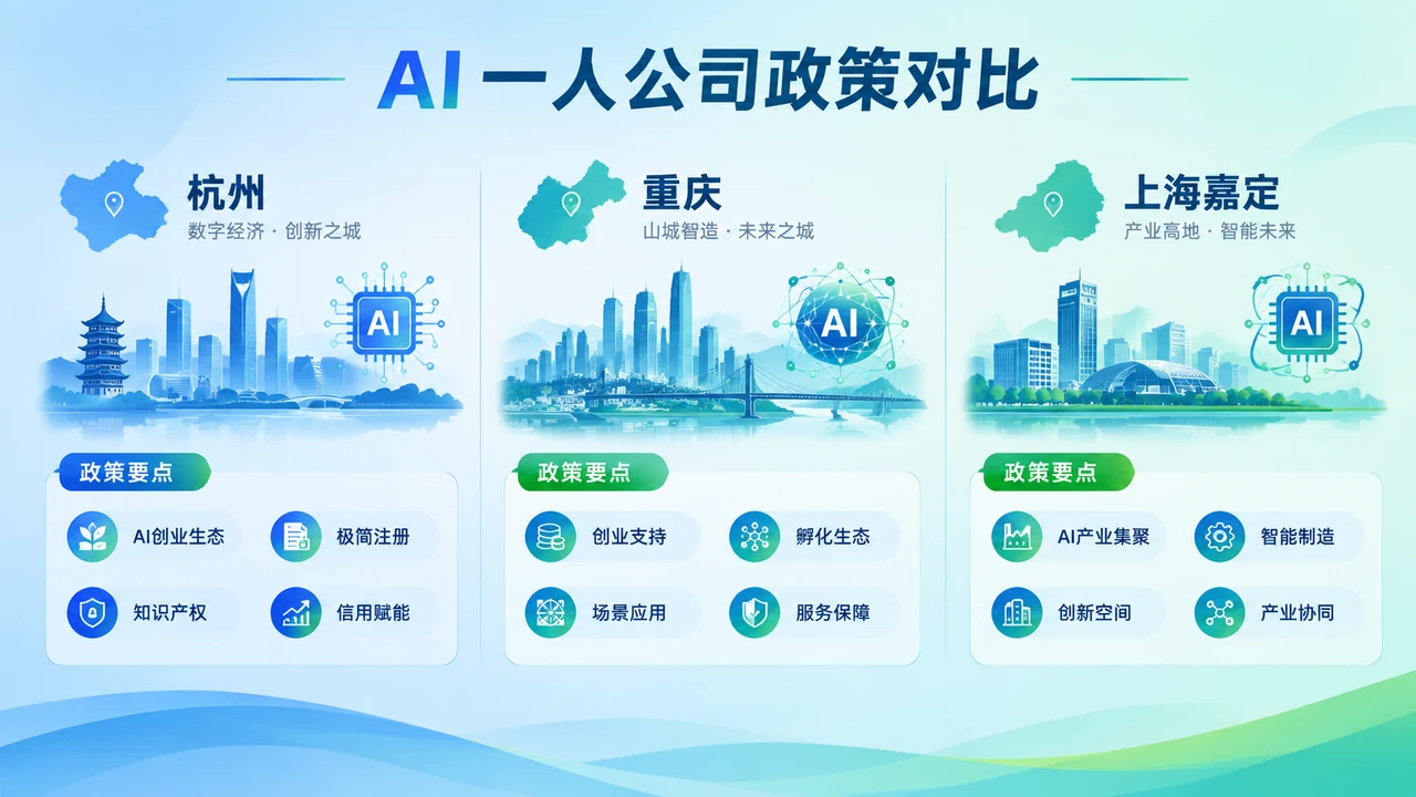 杭州、重庆与上海嘉定相继关注AI一人公司:地方政策正在竞争哪些创业资源 1 三城AI一人公司政策对比图