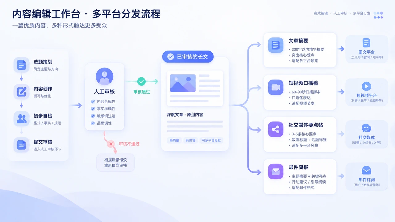 一人公司 AI 内容生产流:从选题到多平台分发的工具组合与配置 2 从一篇长文生成多平台内容的分发流程