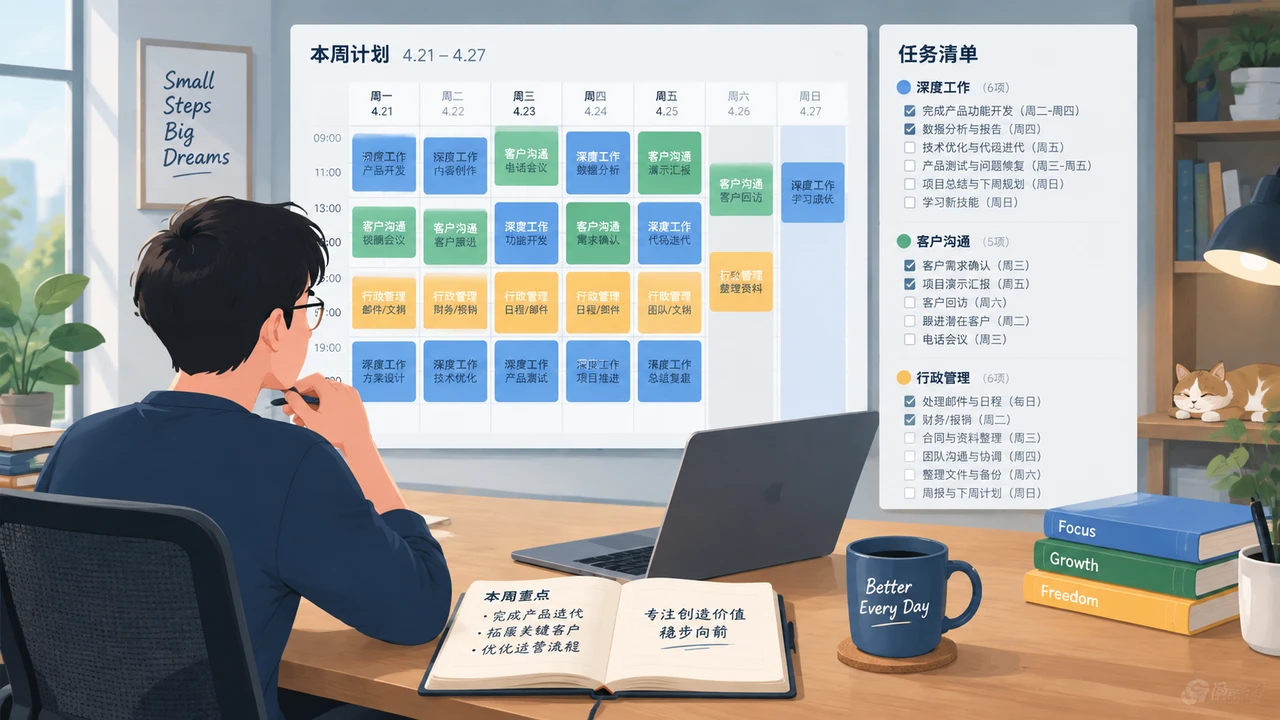 一人公司创业者使用日历和任务清单规划一周