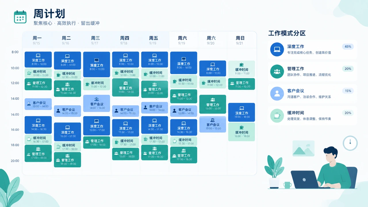 按深工作、管理工作和缓冲时间划分的周计划
