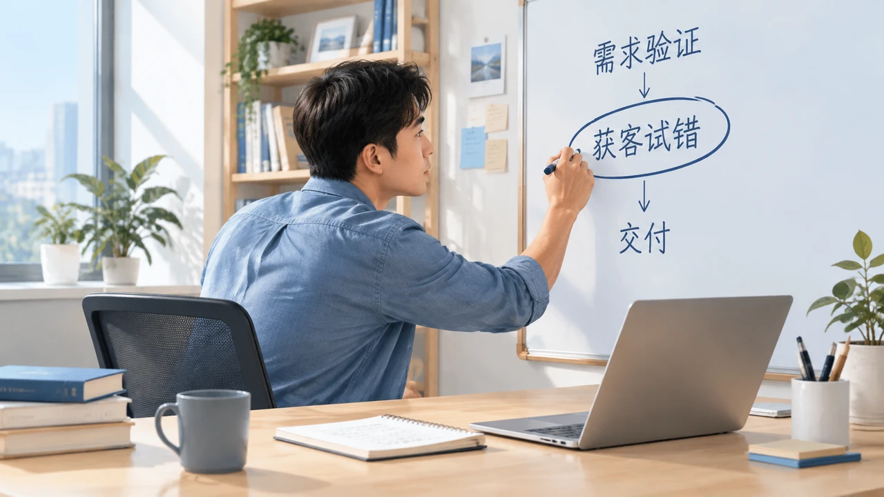 一人公司如何安排时间:按经营阶段分配获客、交付与系统建设 1 一人创业者正在白板前圈出当前阶段的经营重点