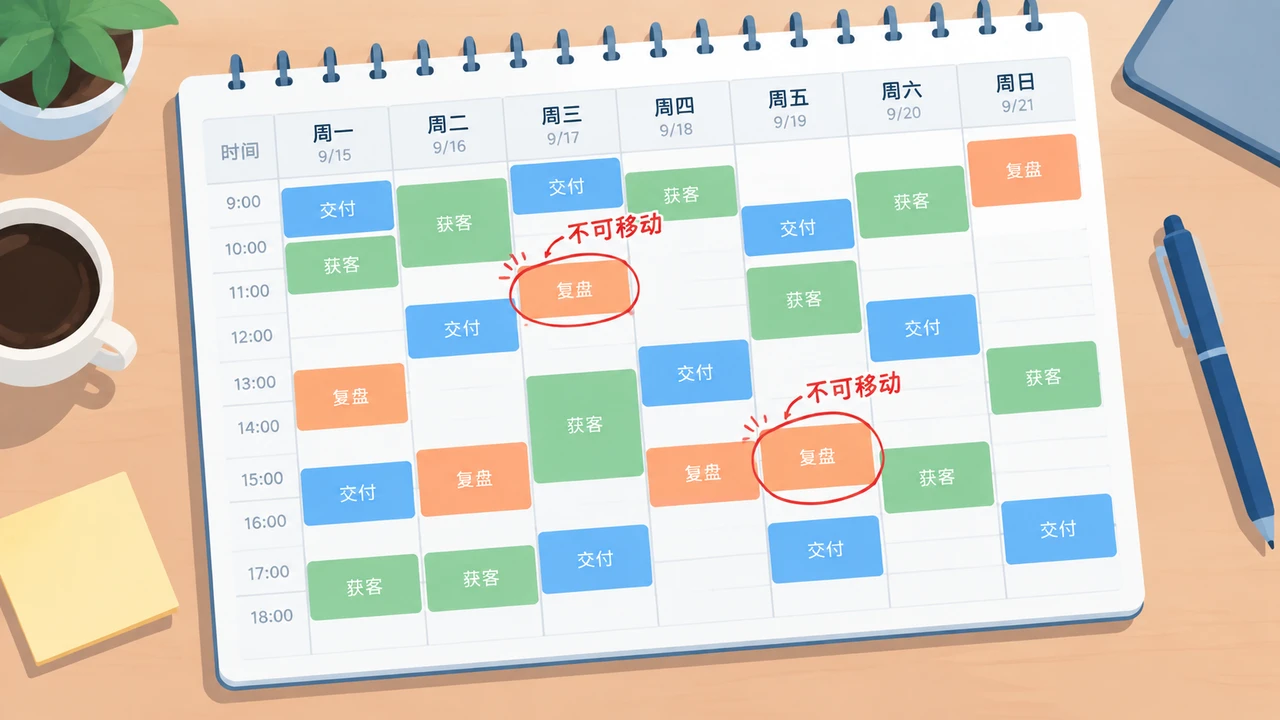 一人公司如何安排时间:按经营阶段分配获客、交付与系统建设 2 日历上用不同颜色标出交付、获客和复盘的时间块