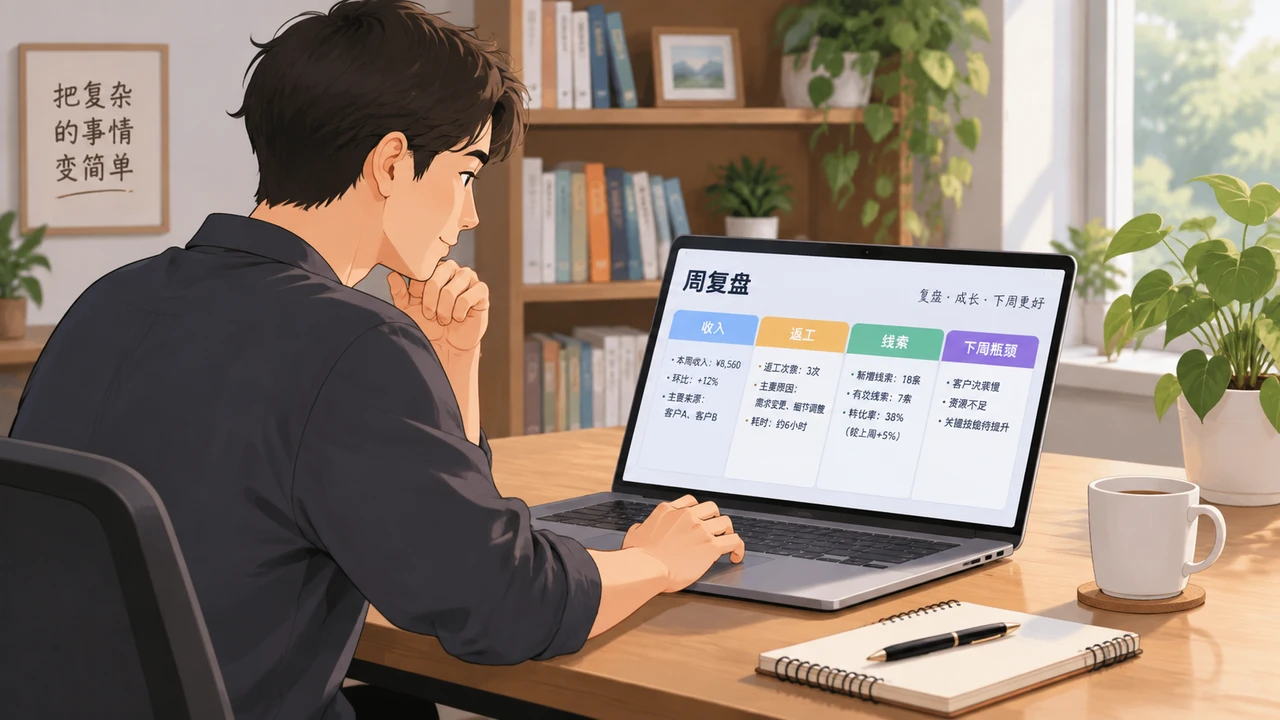 一人公司如何安排时间:按经营阶段分配获客、交付与系统建设 3 一人公司经营者在周五下午做每周经营复盘