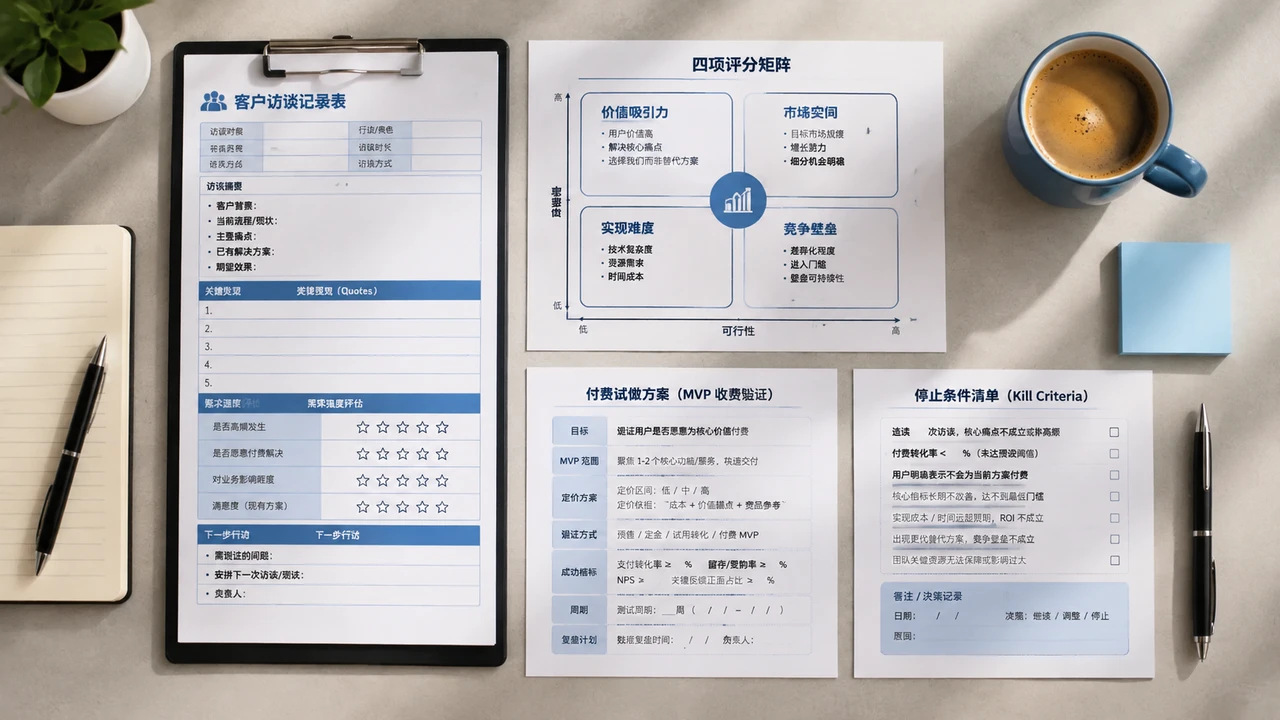 一人公司启动前的7天需求验证:从专业能力筛出愿意付费的问题 2 一人公司需求验证记录与决策表