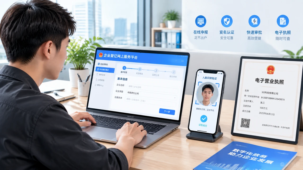 一人公司可以线上注册吗:从电子签名到材料提交看办理链条 1 创业者通过线上平台完成公司注册,屏幕显示登记界面,手机进行身份验证