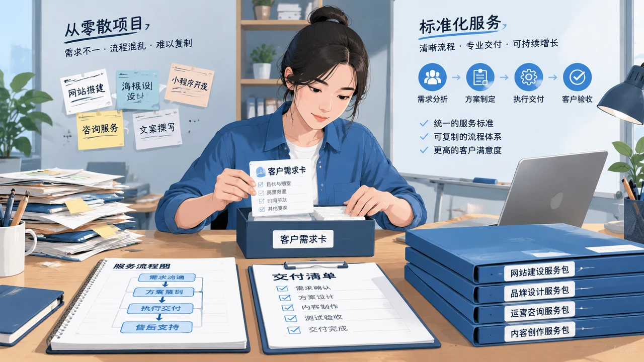 把专业能力做成可重复交付的服务包:一人公司产品化设计流程 1 独立创业者整理专业服务包与交付流程