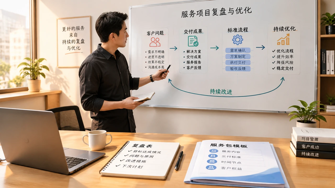把专业能力做成可重复交付的服务包:一人公司产品化设计流程 3 一人公司复盘服务包并优化交付流程