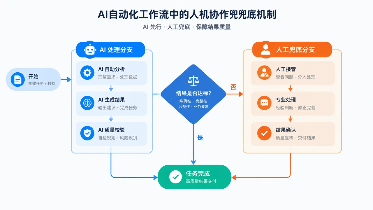 一人公司如何判断AI自动化需求值得接:从任务频率到人工兜底 2 人机协作兜底机制流程图