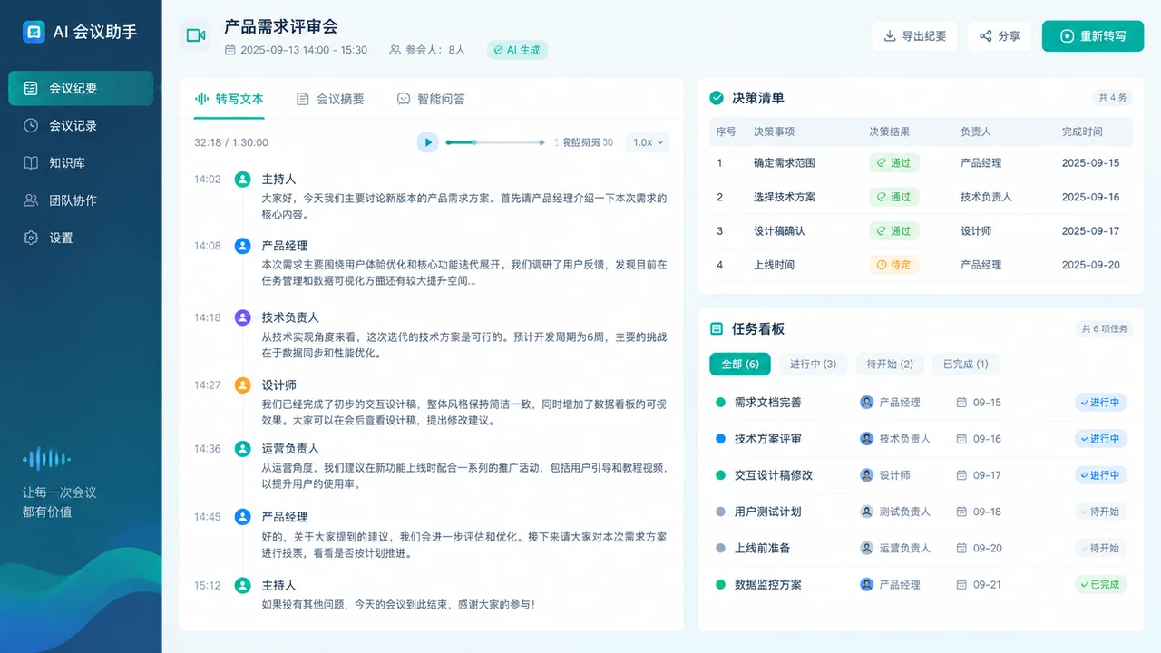 一人公司会议纪要自动化:让 AI 输出决策、负责人和下一步动作 2 AI 纪要工具界面