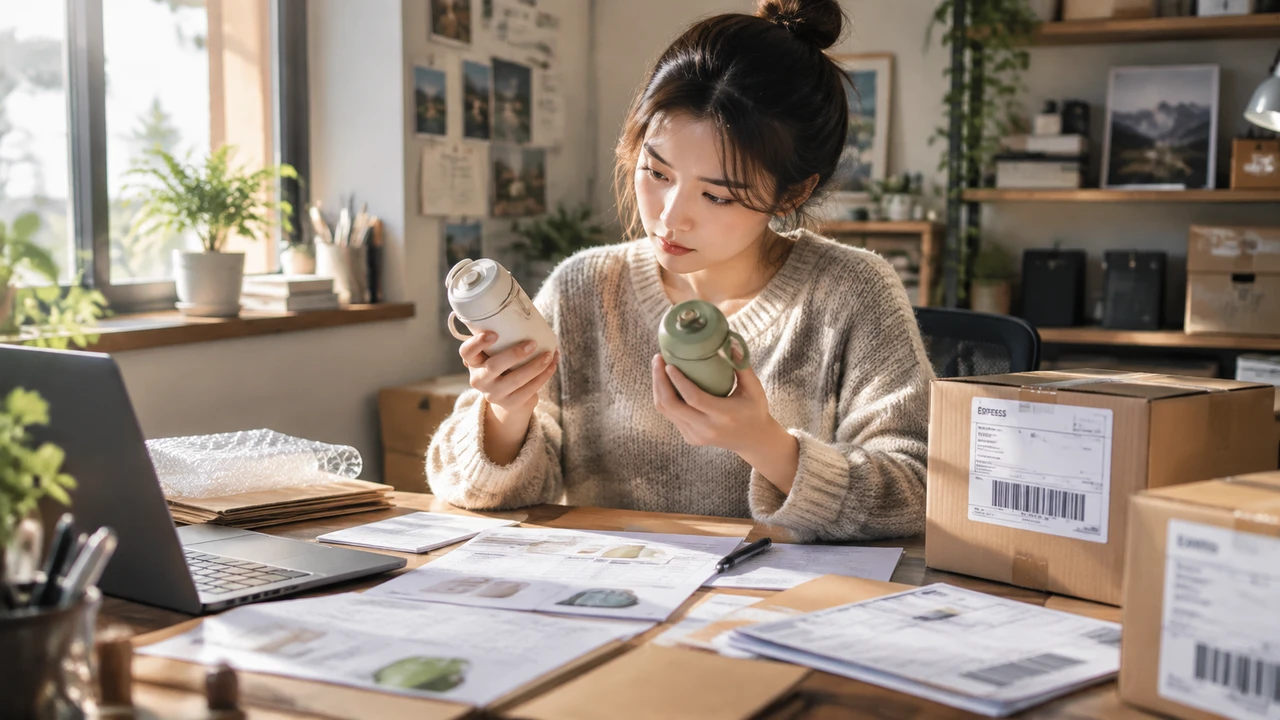 一人公司做跨境产品时,AI之外的人为什么仍然关键 2 一人公司主理人在工作室里对比两个版本的产品样品,桌上放着国际包裹与数据打印页