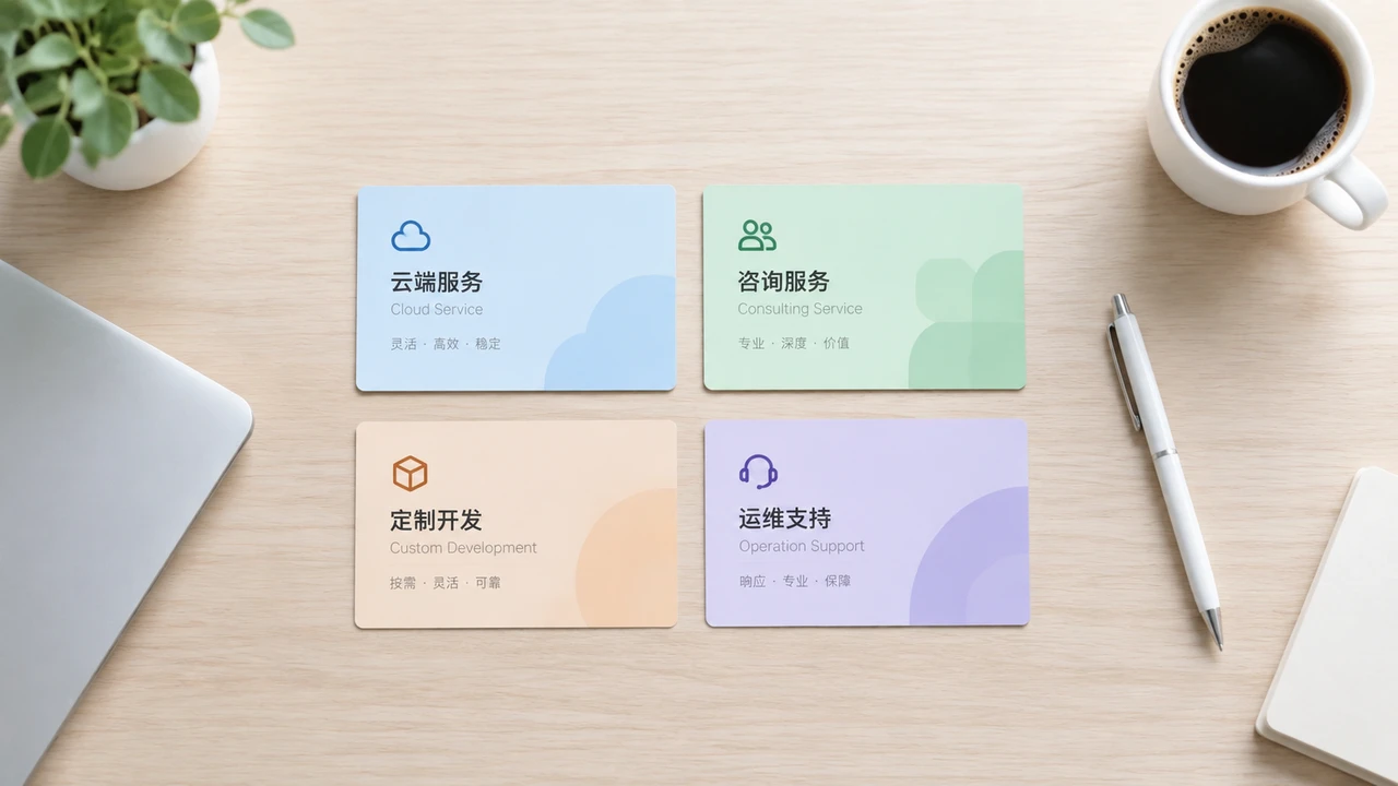 一人公司从一次性项目到复购服务:先验证持续问题,再设计续约节点 2 桌面上并列摆放四种服务形态卡片的服务设计场景