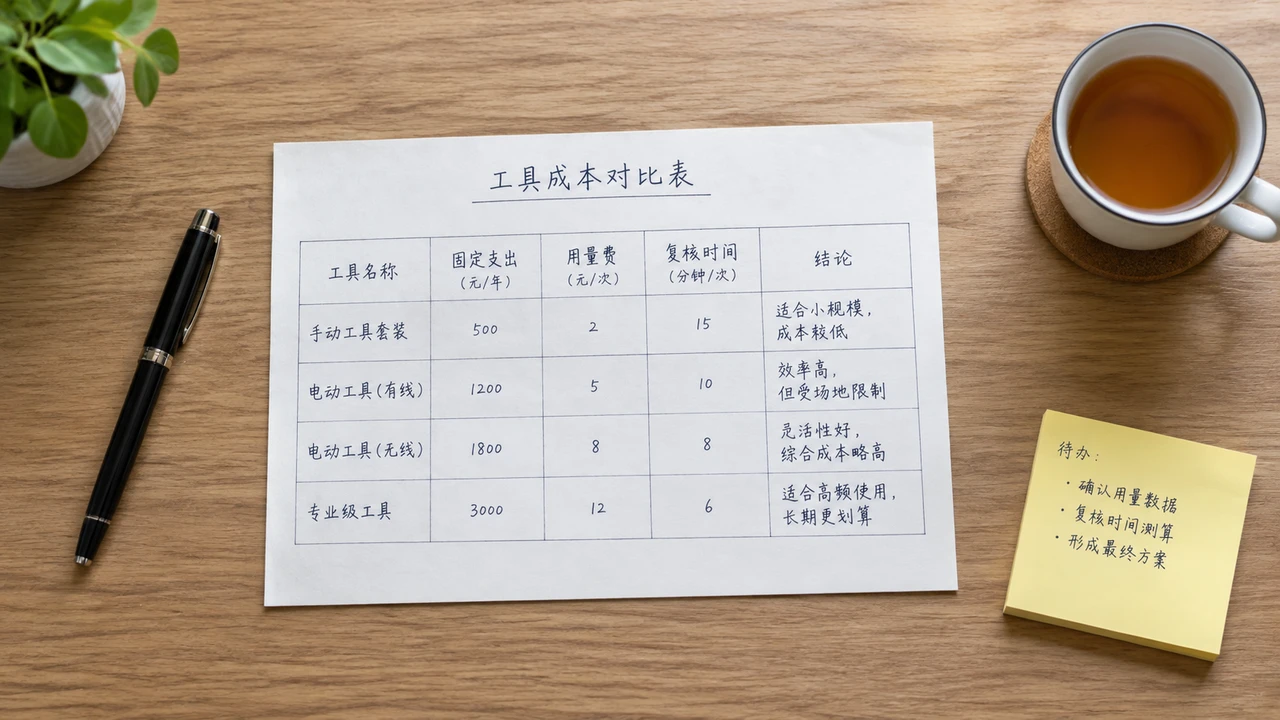 手写的工具成本对比表格与复盘记录