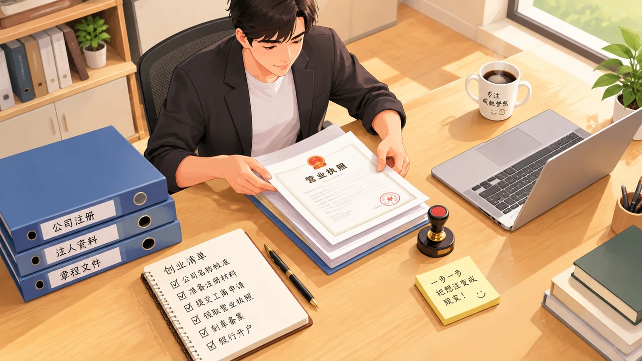 一人公司注册全流程图解:从核名到领证的标准化步骤 1 创业者按清单整理公司注册材料的场景