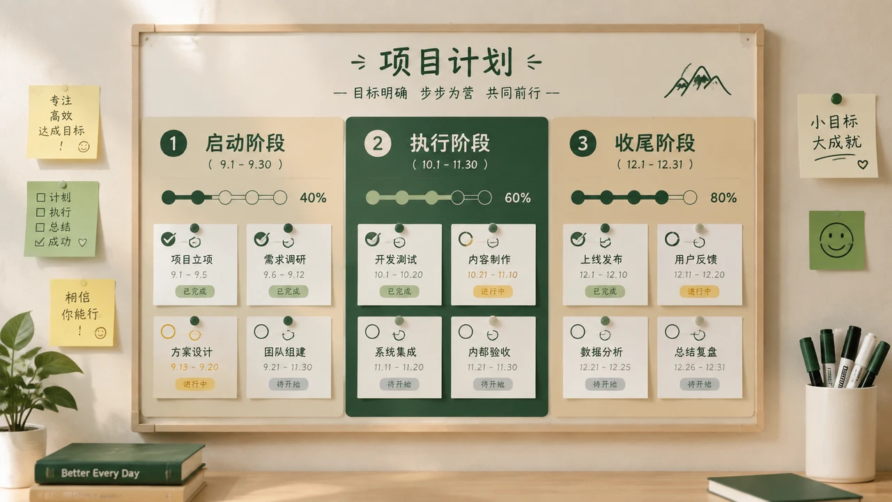 一人公司商业计划书 AI 快速生成:从模式画布到 90 天路线图 3 墙上分为三个阶段的 90 天计划板与进度卡片