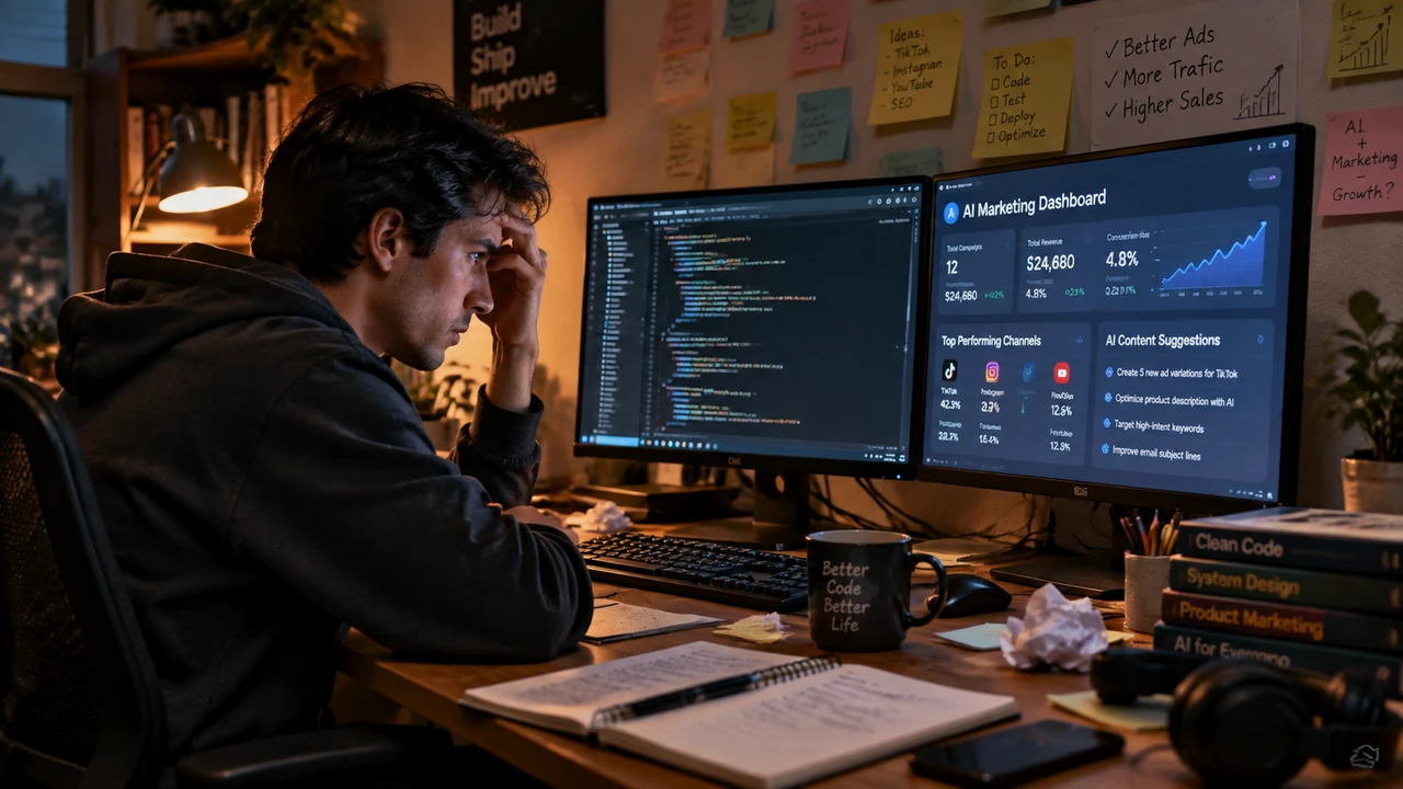 FounderPal.ai 案例分析:独立开发者如何通过 AI 解决自身的营销痛点 1 一名独立开发者坐在杂乱的办公桌前,专注地盯着双显示器屏幕,屏幕上显示着代码和AI营销仪表盘界面