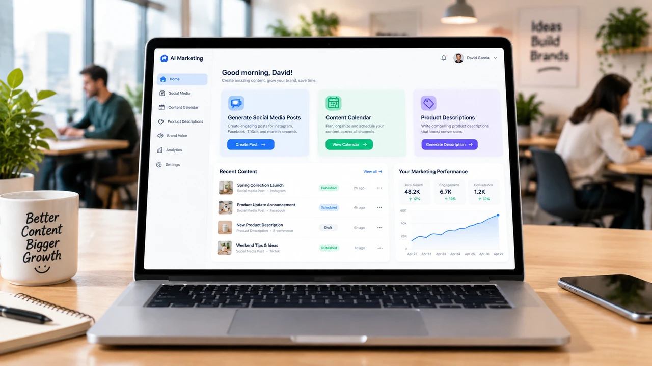 FounderPal.ai 案例分析:独立开发者如何通过 AI 解决自身的营销痛点 2 展示在笔记本电脑屏幕上的AI营销工具界面,界面简洁现代,包含社交媒体内容生成、内容日历和产品描述等模块