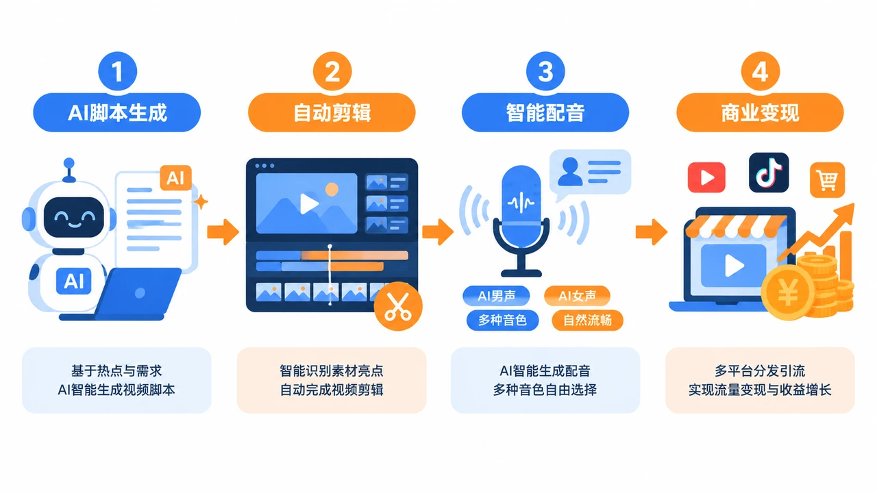 从AI短视频脚本到商业变现:一人公司项目落地案例分析 2 AI短视频从脚本到变现的流程示意图