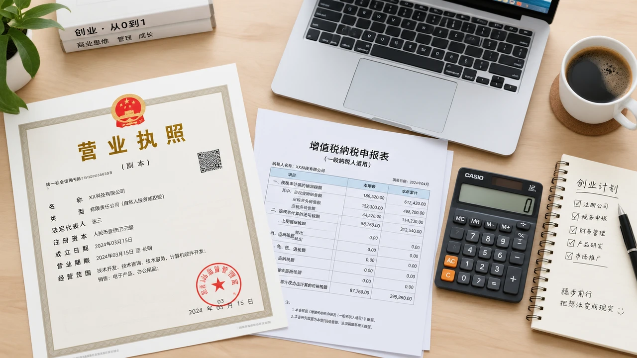 一人公司首月税务报到场景，桌面摆有营业执照、申报表和计算器