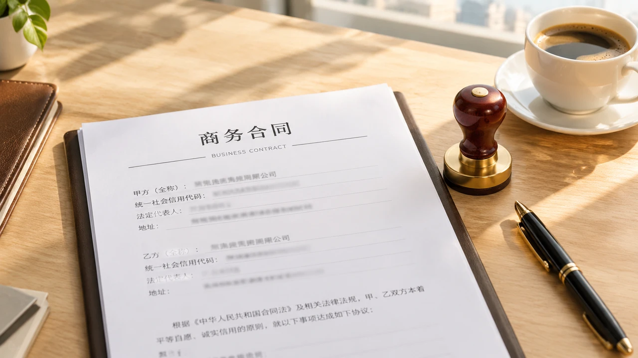 一人公司合同签署避坑指南:如何确保对方是签给公司而非个人? 1 办公桌上待签署的合同、公司印章与钢笔