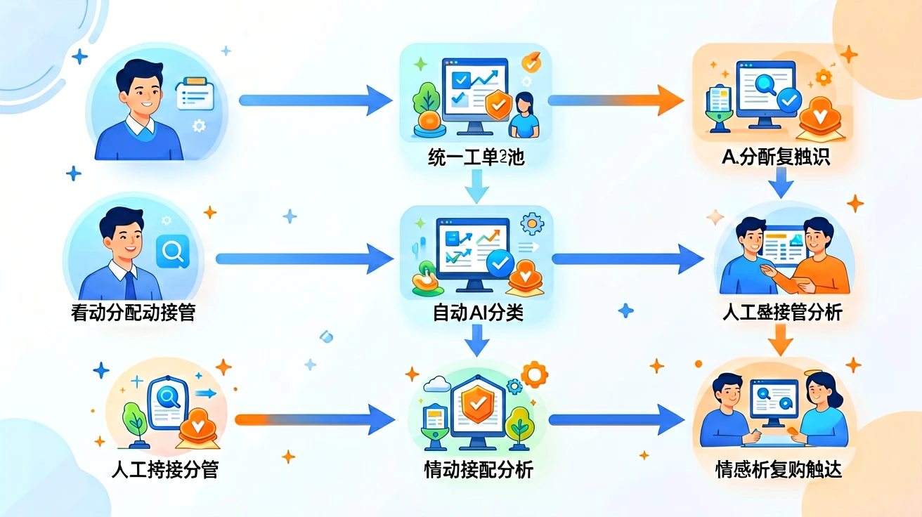 AI售后自动化工单分配闭环示意图